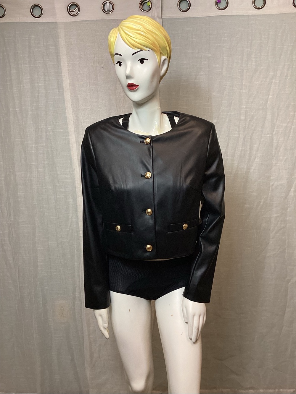 NWT Express Black Faux Leather Cropped Jacket with Gold Buttons; Size: M
